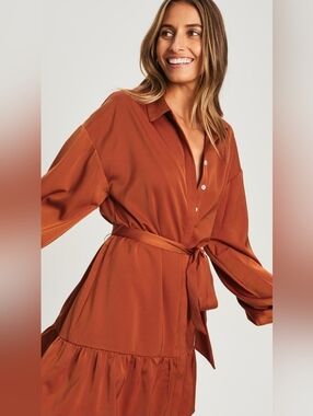 Flowy Rust Tiered Boho, Fall Shirt Dress with Tie Waist - Women